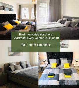 a collage of three pictures of a bedroom at Apartments City Center Düsseldorf in Düsseldorf