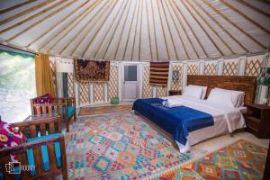 Hini的住宿－Roomy Yurts, Minapin Nagar Hunza，帐篷内一间卧室,配有一张床