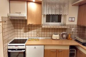 a kitchen with a stove and a counter top at Apartament White Biały Dunajec in Biały Dunajec