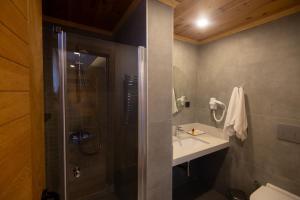 a bathroom with a shower and a sink at Ayder Koru Hotel in Ayder Yaylasi