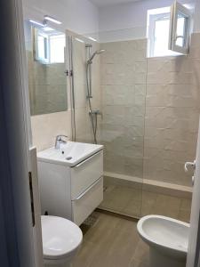 a bathroom with a toilet and a sink and a shower at Mia Apartament in Tulcea +35 photos