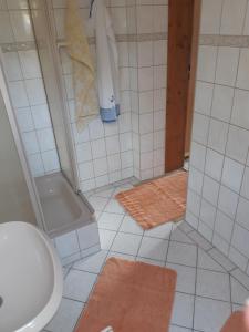 a bathroom with a shower with a toilet and a sink at Spreewaldpension Glatz in Müschen