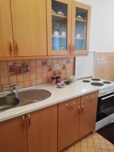 a kitchen with wooden cabinets and a sink and a stove at Apartment Sarah in Bihać