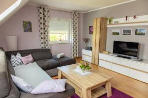 ein Wohnzimmer mit einem Sofa und einem TV in der Unterkunft Ferienwohnung an den Grundwiesen in Jena