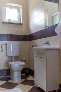 La salle de bains est pourvue de toilettes, d'un lavabo et d'un miroir. dans l'établissement Guesthouse Palombaro, à Umag