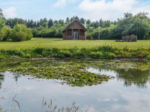 a house in a field next to a pond at 18 person holiday home in Gram in Gram