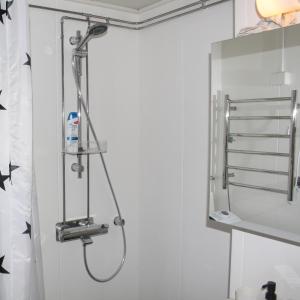 a shower in a bathroom with a mirror at Bright star apartament Siilinjärvi in Siilinjärvi +16 photos