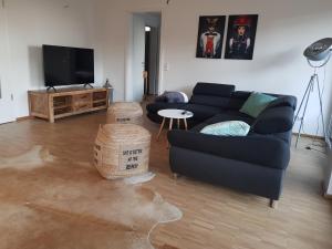 uma sala de estar com um sofá e uma televisão em Ferienwohnung Daudi em Bad Dürrheim