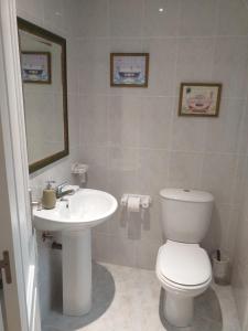 a bathroom with a white toilet and a sink at El balcón de Padrón in Padrón