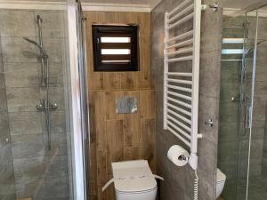 a bathroom with a toilet and a glass shower at Kantadaj Village Domki Prestige in Prudnik +49 photos