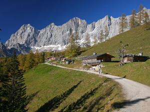 a group of people walking down a road near a mountain at Berghotel Türlwand in Ramsau am Dachstein