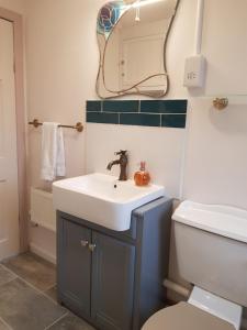 a bathroom with a sink and a mirror and a toilet at Rosehip Cottage in Somerton