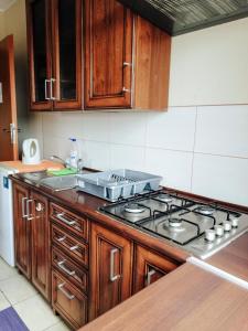 a kitchen with a stove top and wooden cabinets at Zajazd Dolina Sadosiów in Godkowo