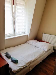 uma cama num pequeno quarto com uma janela em Zajazd Dolina Sadosiów em Godkowo