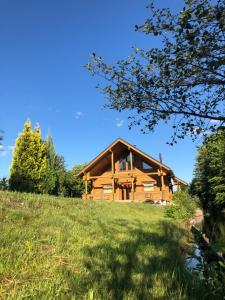 ein Blockhaus auf einem Hügel mit einem grünen Feld in der Unterkunft Фінський будинок для ідеального романтичного чи сімейного відпочинку in Makovishche