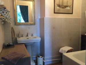 een badkamer met een wastafel, een toilet en een spiegel bij Château de Pintray in Lussault-sur-Loire