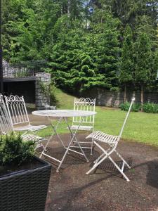 two chairs and a table in a yard at Decor Park Apartament in Karpacz