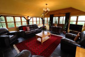 a living room with leather furniture and a red rug at Bryngolau in Brechfa
