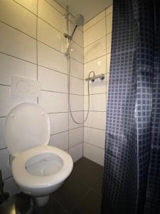 a bathroom with a toilet and a shower at Hostel Utopia in Amsterdam +14 photos
