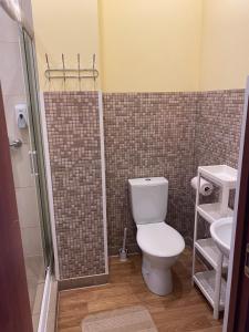 a bathroom with a toilet and a sink at City Westa Hotel in Riga