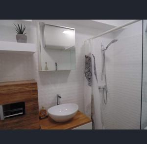 ein Badezimmer mit einem weißen Waschbecken und einer Dusche in der Unterkunft Apart Bella in Uniejów