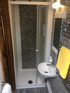 a bathroom with a shower and a sink at Waterloo Farm Shepherds Hut Glamping in Perth