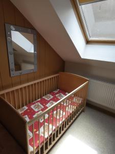 a crib in a room with a mirror at Pension Ufert in Meißen