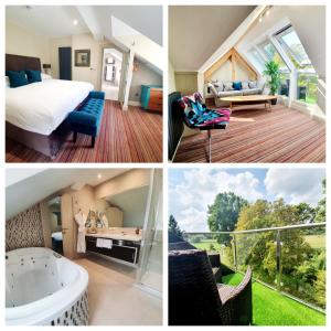 a collage of four pictures of a hotel room at Hartnoll Hotel & Spa in Tiverton