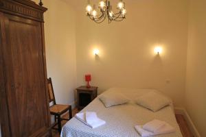 Habitación pequeña con cama y lámpara de araña. en Gîte de Truyère en Entraygues-sur-Truyère