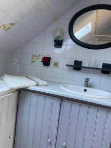 La salle de bains est pourvue d'un lavabo et d'un miroir. dans l'établissement Les gites du buisson, à Fréhel