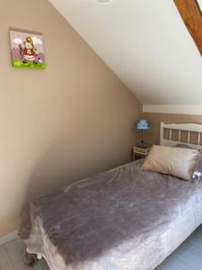 フレエルにあるLes gites du buissonのベッドルーム1室(ベッド1台付)が備わります。壁に絵が飾られています。