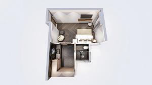 a rendering of a floor plan of a small apartment at Hotel D Geneva in Geneva