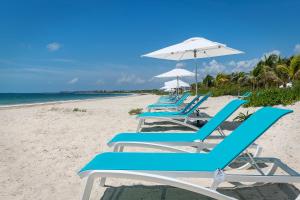 a row of blue chairs and an umbrella on a beach at Catalonia Grand Costa Mujeres All Suites & Spa - All Inclusive in Cancún