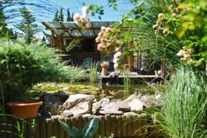 HerendにあるAnna Panzióの池とベンチ、橋のある庭園