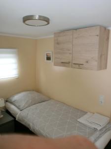 - une chambre avec un lit et une armoire sur le mur dans l'établissement Sportboot Zander, à Bornheim