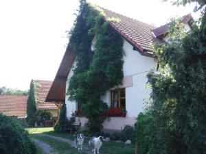 a white house with two dogs standing in front of it at Farma Zahradnice in Olbramovice Ves