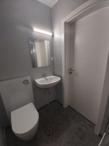 a bathroom with a white toilet and a sink at Motel-Stuhr in Stuhr