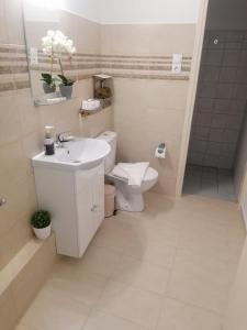 a white bathroom with a toilet and a sink at Kliklis Apartment in Heraklio