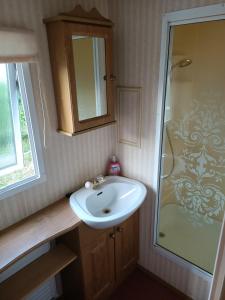 a bathroom with a sink and a shower at Domek Holenderski Dzierwany in Wiżajny