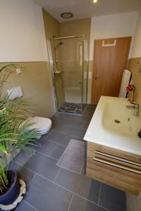 y baño con ducha, lavabo y aseo. en Pretti Apartments - NEUE moderne Wohnung im Herzen Bambergs - absolut zentral, en Bamberg