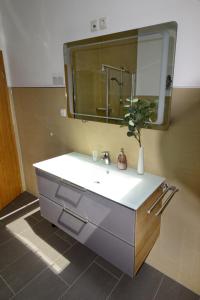 a bathroom with a sink and a mirror at Pretti Apartments - NEUES modern eingerichtetes Apartment - mitten im Stadtzentrum in Bamberg