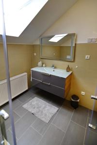 uma casa de banho com um lavatório e um espelho em Pretti Apartments - NEUES stilvoll eingerichtetes Apartment im Zentrum von Bamberg em Bamberg