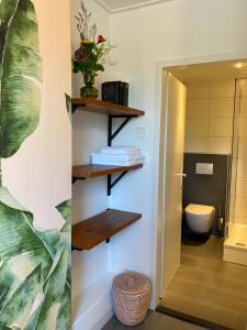 a bathroom with wooden shelves and a toilet at Hotel Credible in Nijmegen