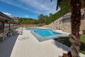 a swimming pool with lounge chairs and a palm tree at Hotel Plaza in Tabiano