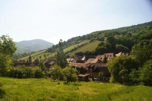 um grupo de casas num campo com montanhas ao fundo em Gîte du Thalala em Bernardvillé