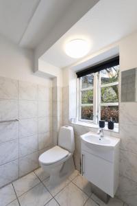 ein Bad mit einem WC, einem Waschbecken und einem Fenster in der Unterkunft aday - Apartment suite 1 Aalborg Center in Aalborg
