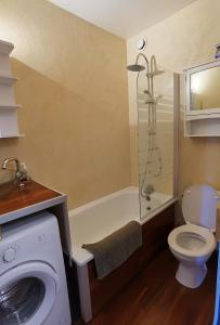 a bathroom with a toilet and a washing machine at Le balcon de villard in Villard-de-Lans