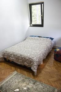 a bed in a room with a rug and a window at Green door in Vrnjačka Banja