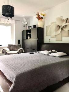 a bedroom with a large bed and a living room at WYPOSAŻONY apartament przy strumyku w Górach Sowich, Netflix i Smart TV, Odpocznij w naturze! in Walim