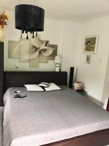 a bedroom with a large bed with two pillows at WYPOSAŻONY apartament przy strumyku w Górach Sowich, Netflix i Smart TV, Odpocznij w naturze! in Walim